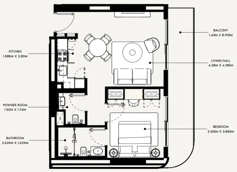 Azizi Rose 1 bed floor plan, 729 sqft