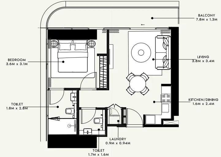 Azizi Milan 1 bed floor plan, 671 sqft