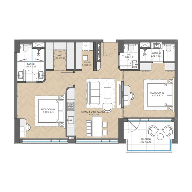 The Collective 2 bed floor plan, 1,066 sqft