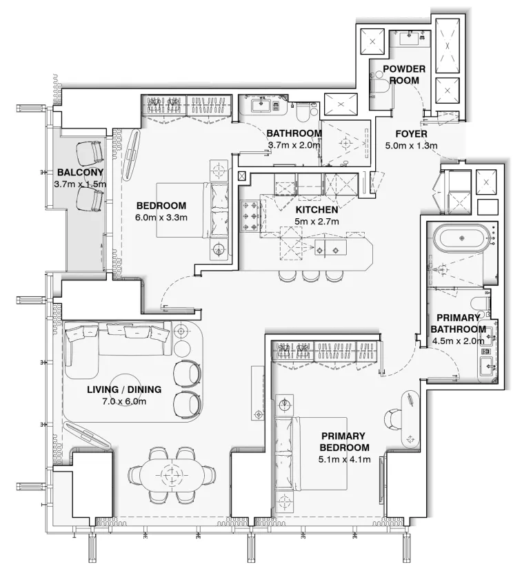 Burj Azizi 2 bed floor plan, 1,506 sqft