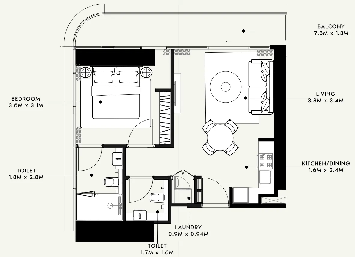 Azizi Milan 1 bed floor plan, 671 sqft