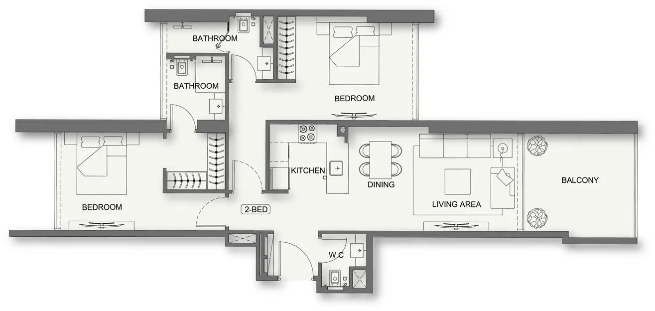 Binghatti Cullinan 2 bed floor plan, 1,384 sqft