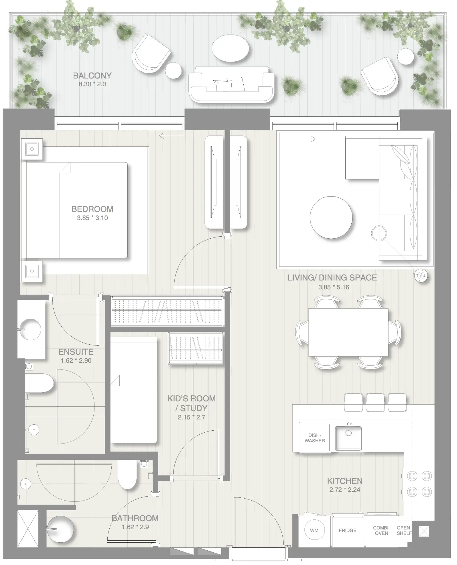 Sol Levante 1 bed floor plan, 874 sqft
