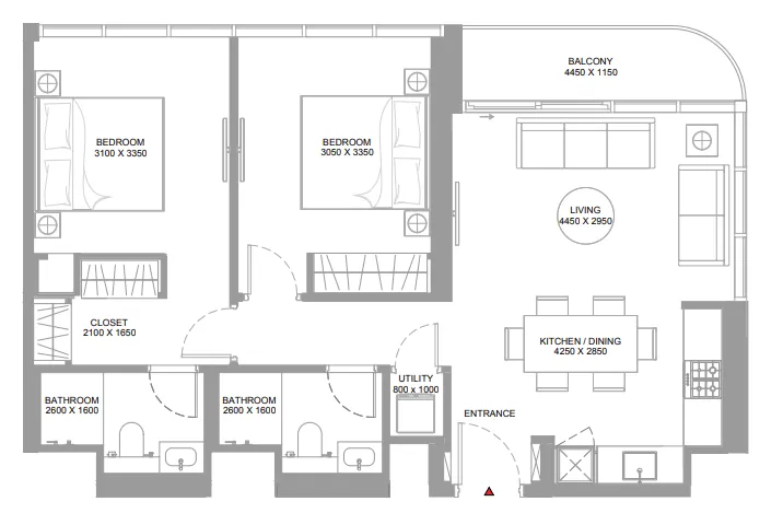 Canalside Marina Residences 2 bed floor plan, 870 sqft