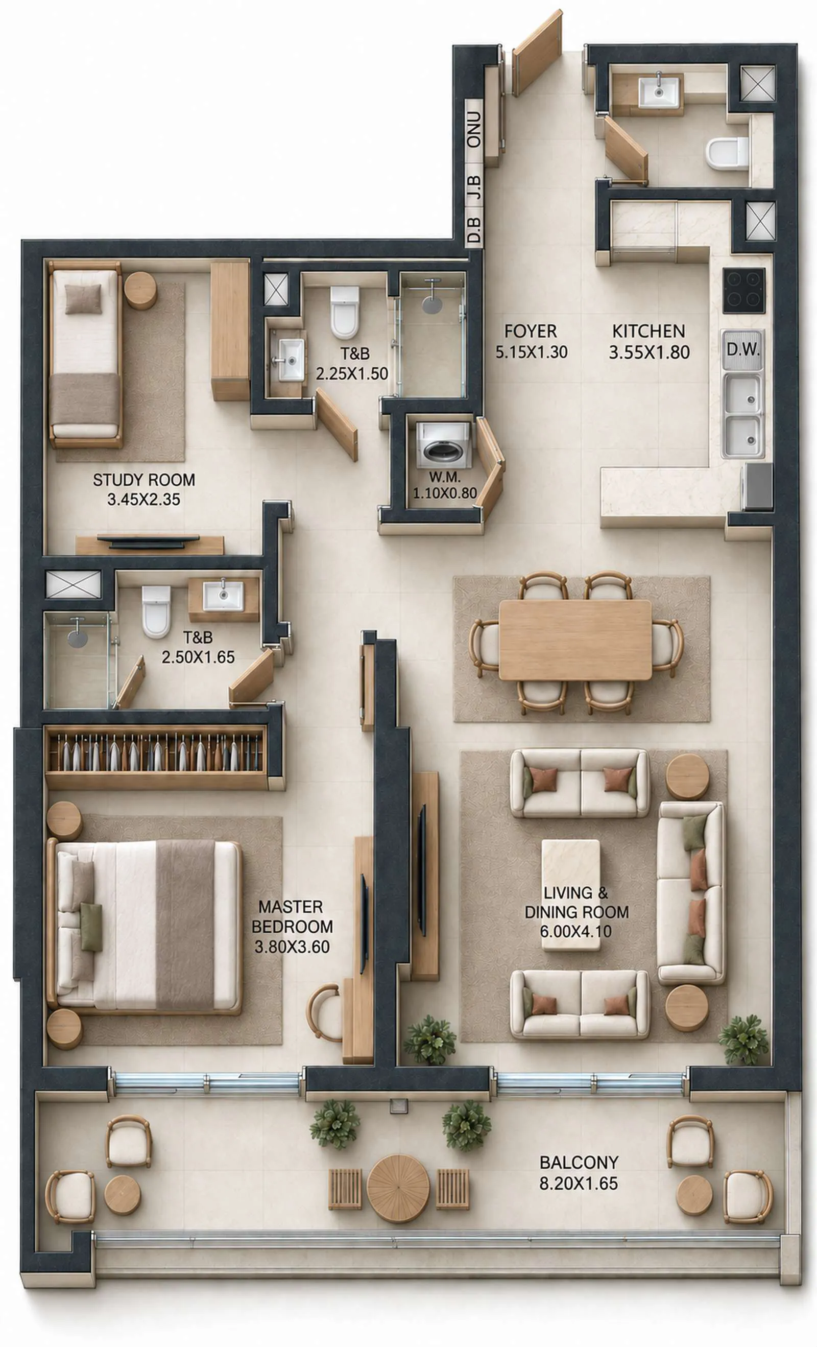 Reeman Residence 02 1 bed floor plan, 1,001 – 1,004 sqft