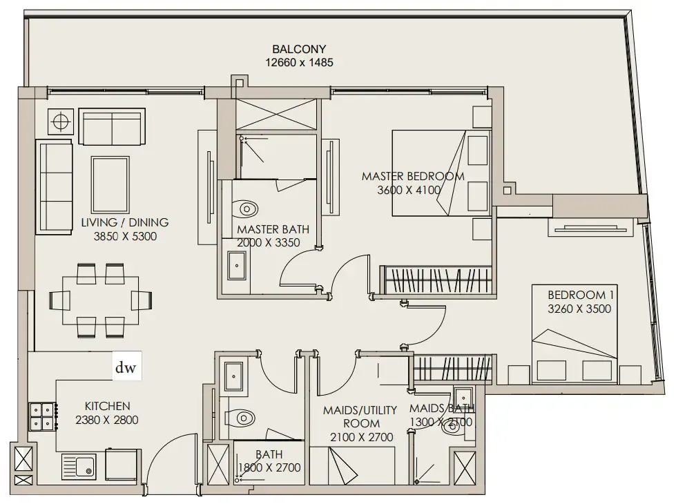Nirvana Residences 1 2 bed floor plan, 1,283 sqft