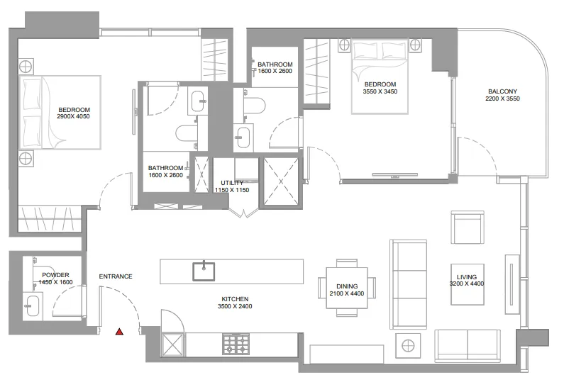 Pristine Beach Residences 2 bed floor plan, 1,061 – 1,063 sqft