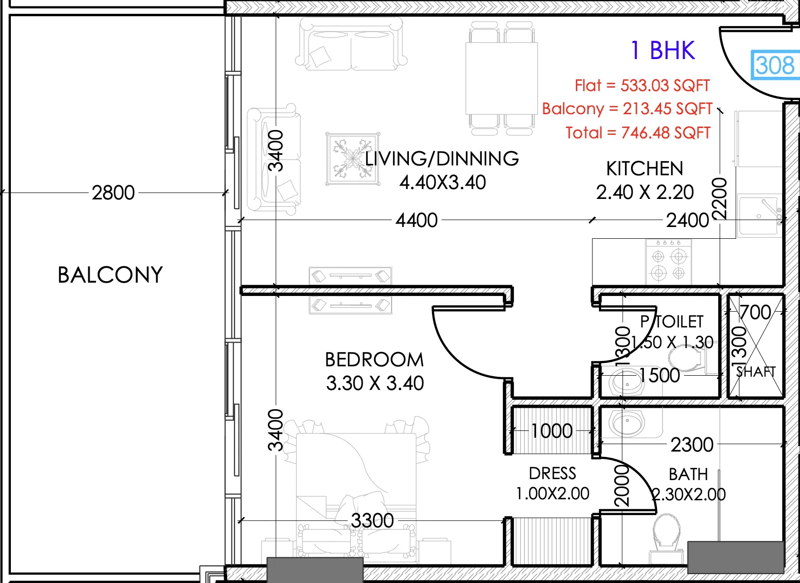 Terra Tower 1 bed floor plan, 740 sqft