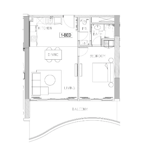 Chic Tower 1 bed floor plan, 933 sqft
