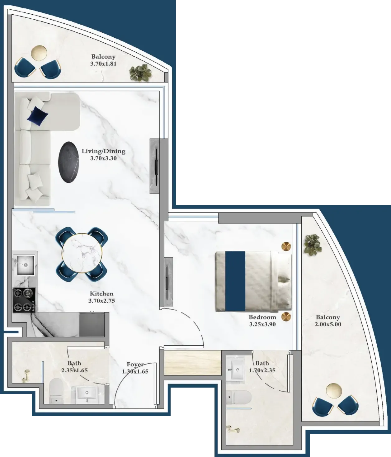 Serenz 1 bed floor plan, 572 – 596 sqft