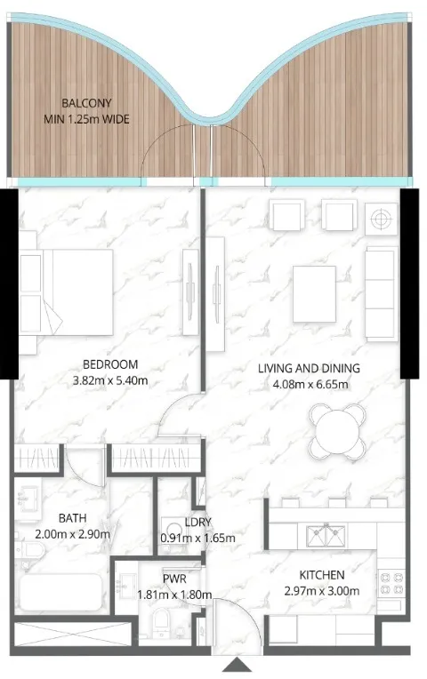 Aqua Arc 1 bed floor plan, 1,092 sqft