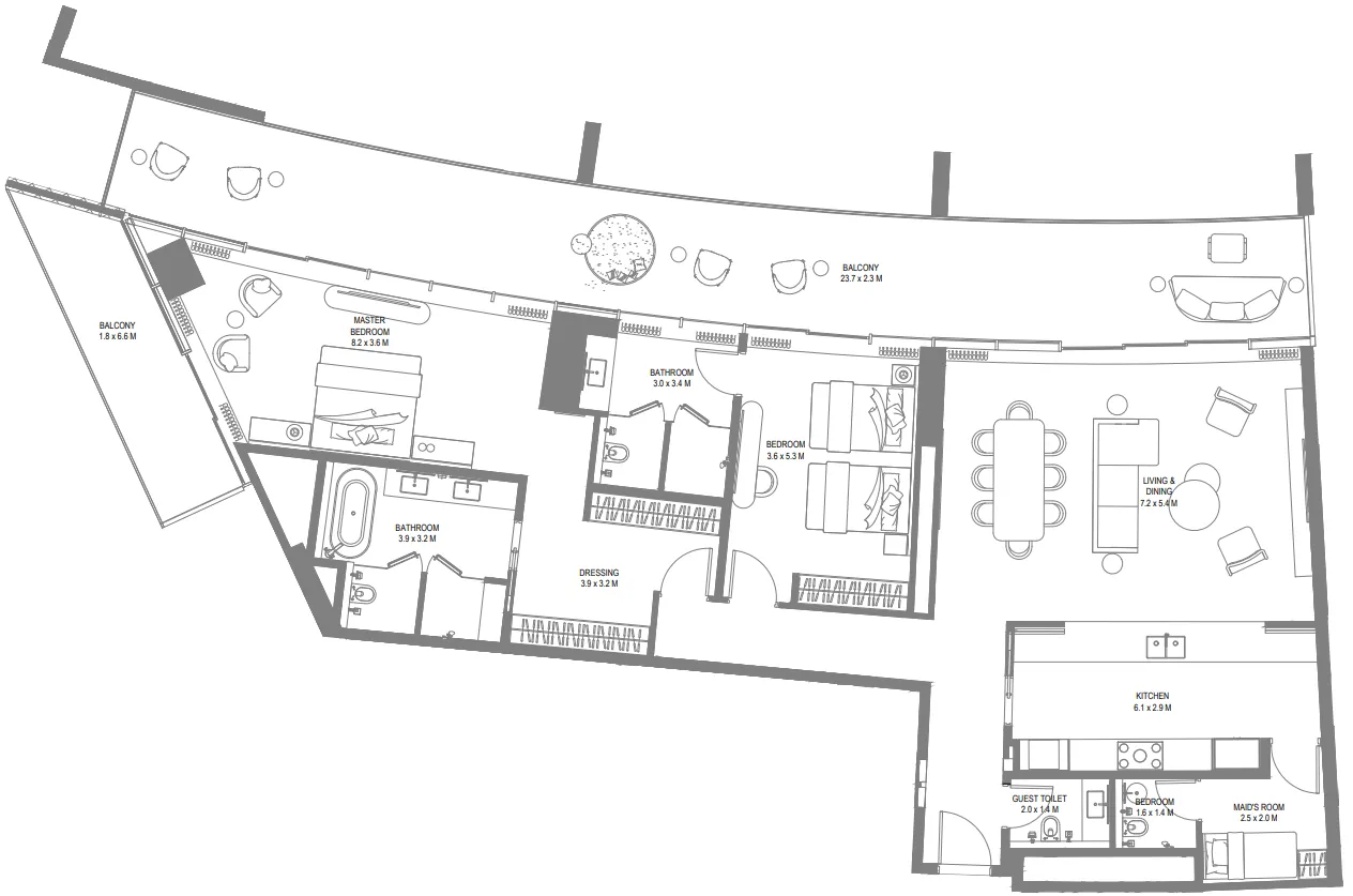 Anantara Sharjah Resort 2 bed floor plan, 2,713 sqft