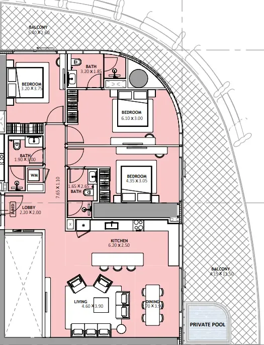 Binghatti Skyblade 3 bed floor plan, 2,197 sqft