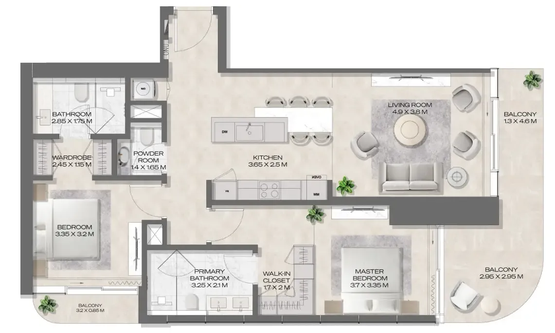 DWTN Residences 2 bed floor plan, 1,335 sqft