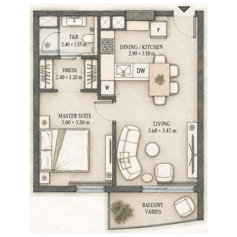Epoque 1 bed floor plan, 547 sqft