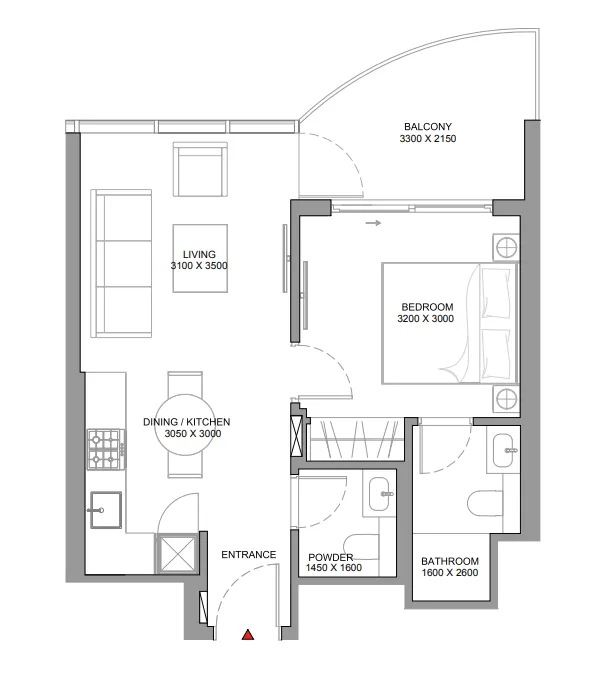 Sobha Aquamont 1 bed floor plan, 565 sqft