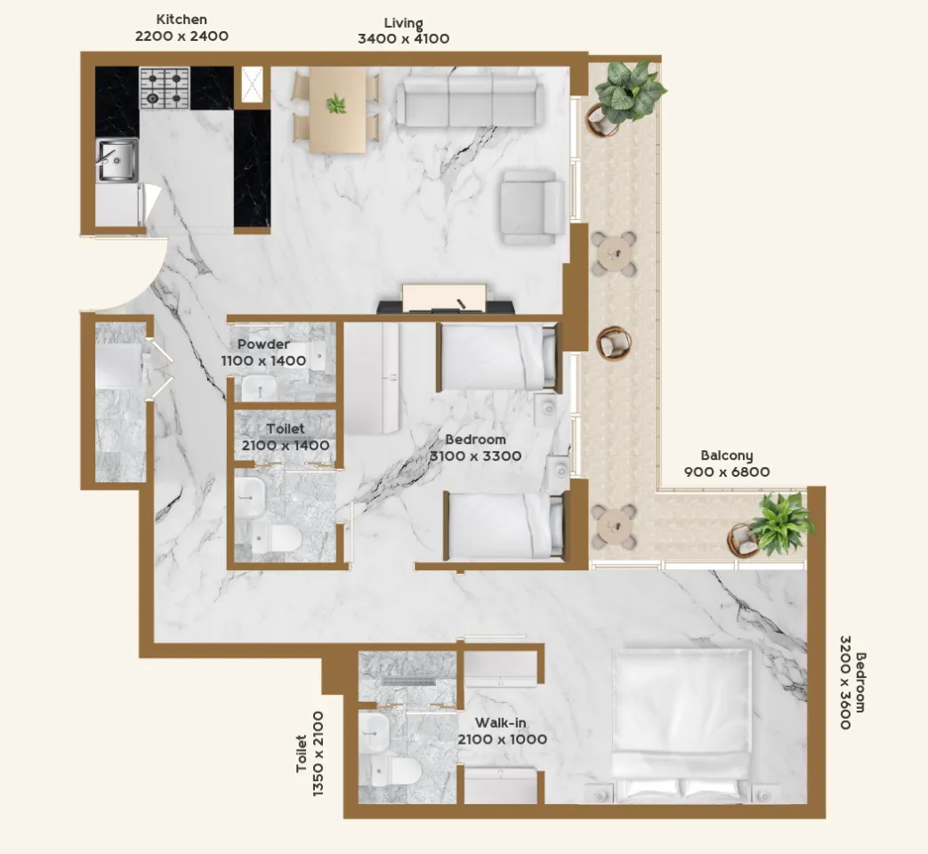 RR Residence 2 bed floor plan, 865 sqft