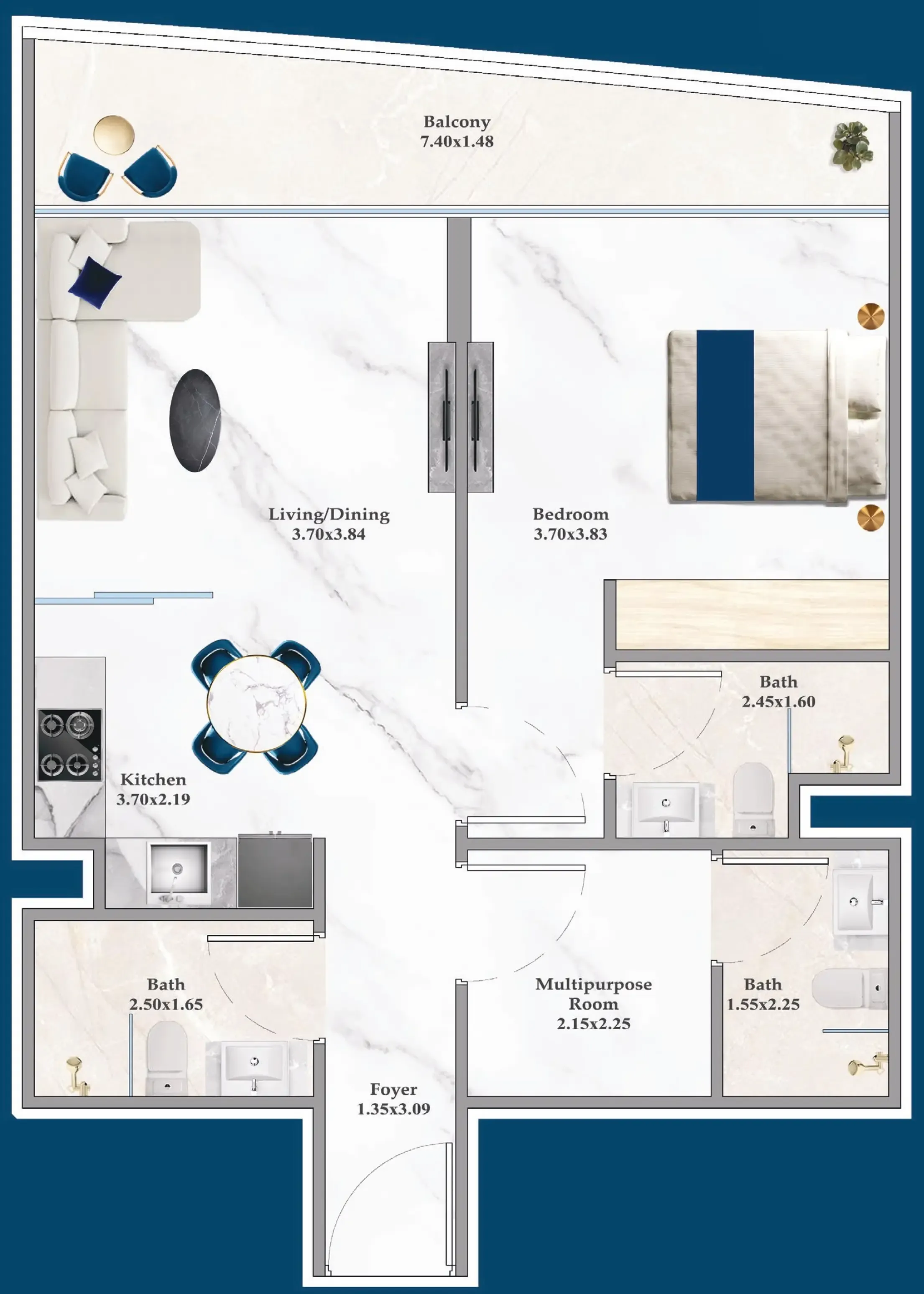 Serenz 1 bed floor plan, 716 sqft