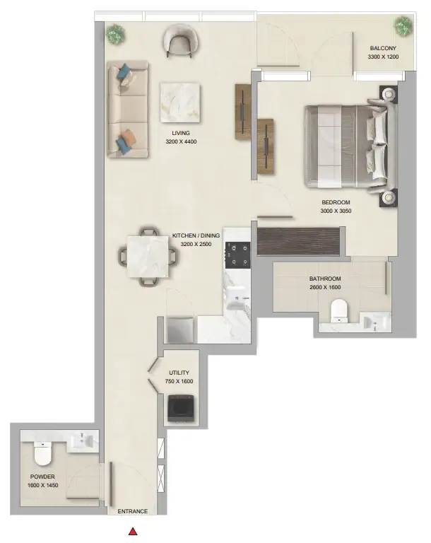 The Pinnacle at Sobha Central 1 bed floor plan, 669 – 673 sqft