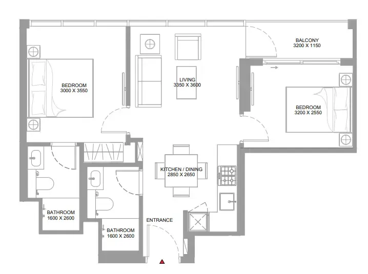 Pearlside Marina Residences 2 bed floor plan, 652 – 655 sqft