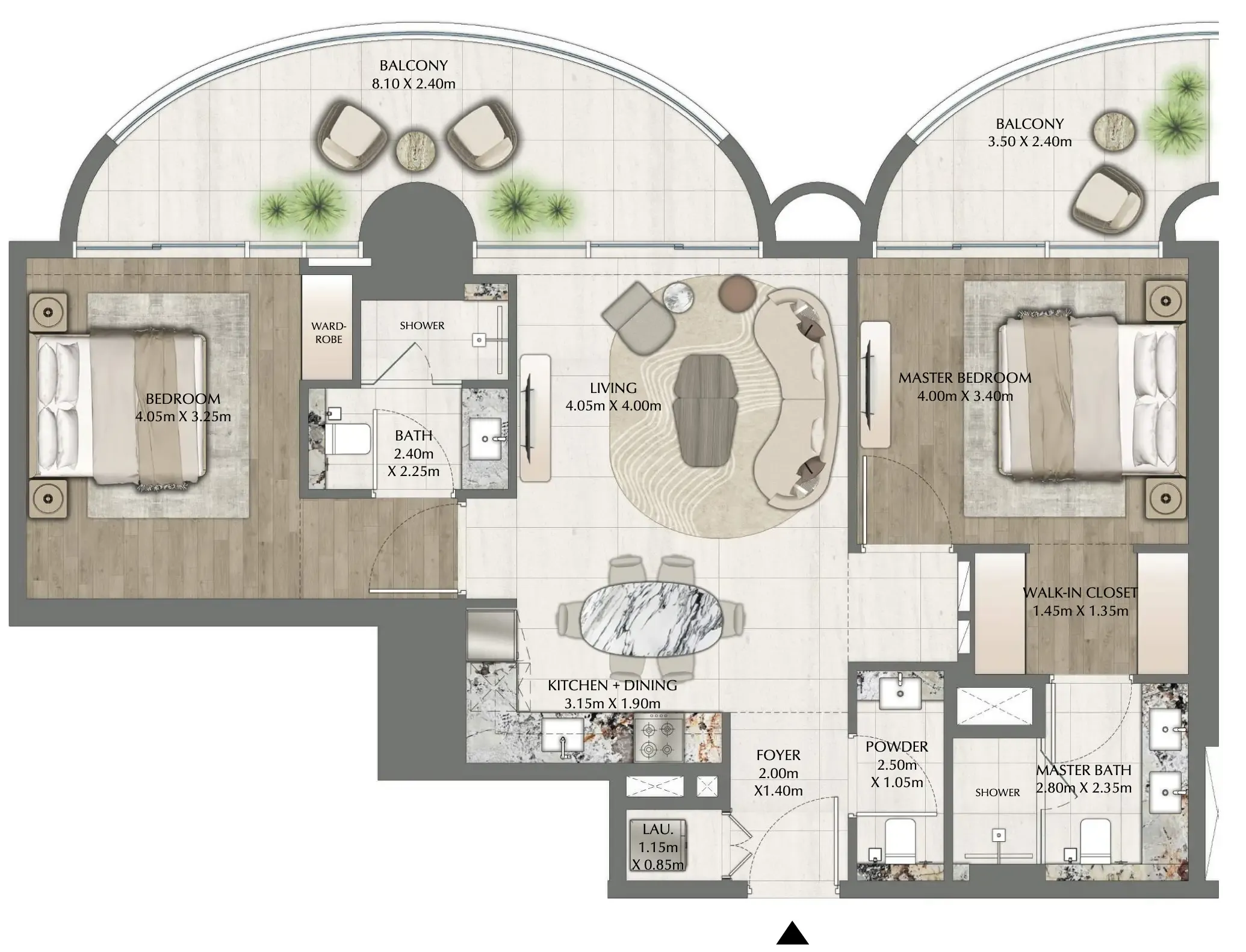 One Residence 2 bed floor plan, 1,222 sqft