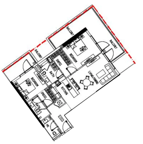 Damac Riverside Views 2 bed floor plan, 1,369 sqft