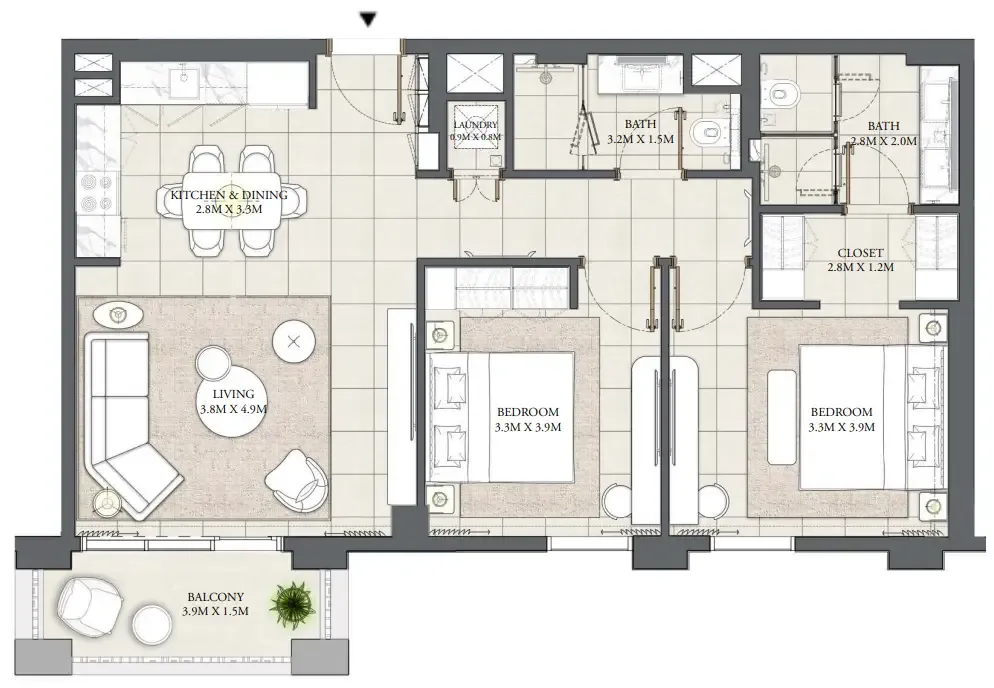 Palace Residences Creek Blue 2 bed floor plan, 1,005 sqft