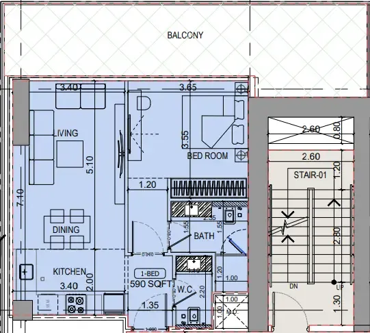 Binghatti Vintage 1 bed floor plan, 893 sqft