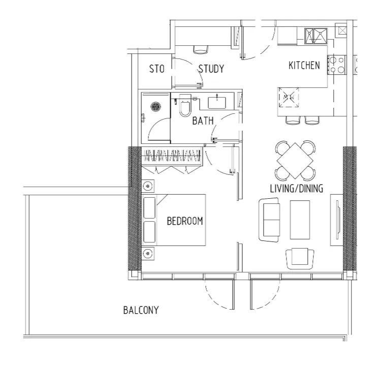Damac District 1 bed floor plan, 848 sqft