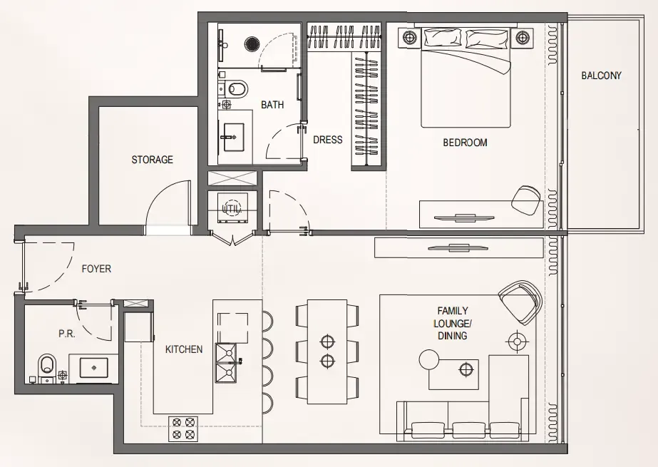 Bayview Boulevard 1 bed floor plan, 1,324 sqft