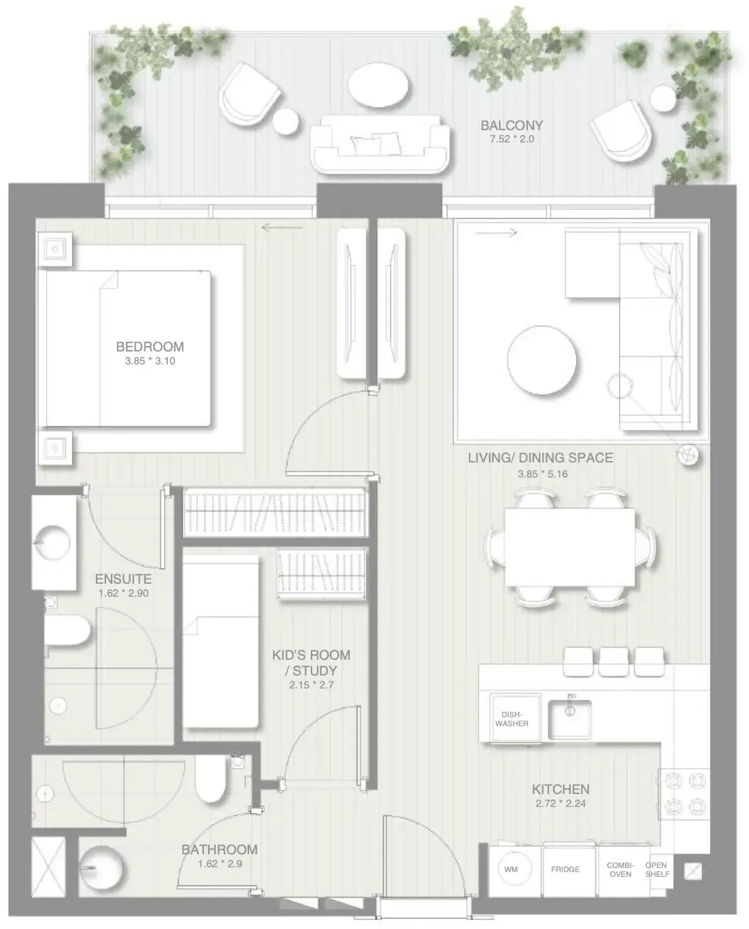 Sol Levante 1 bed floor plan, 870 sqft