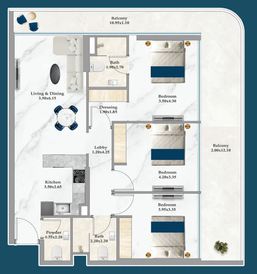 Sparklz 3 bed floor plan, 1,379 – 1,381 sqft