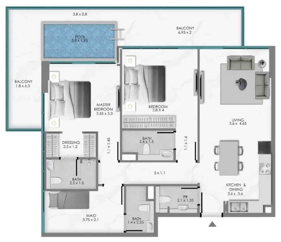 Samana Ocean Bay 2 bed floor plan, 1,436 sqft