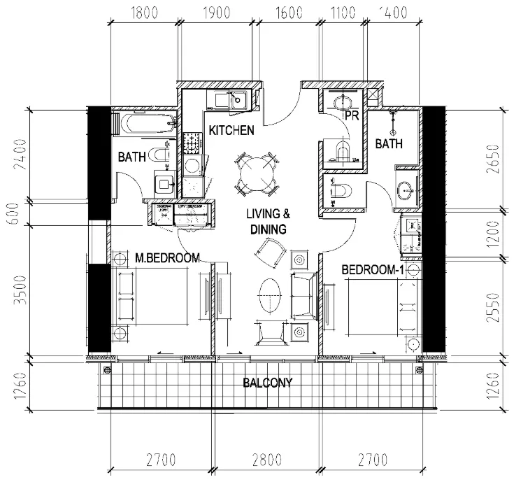 Aykon City Tower 2 bed floor plan, 817 sqft
