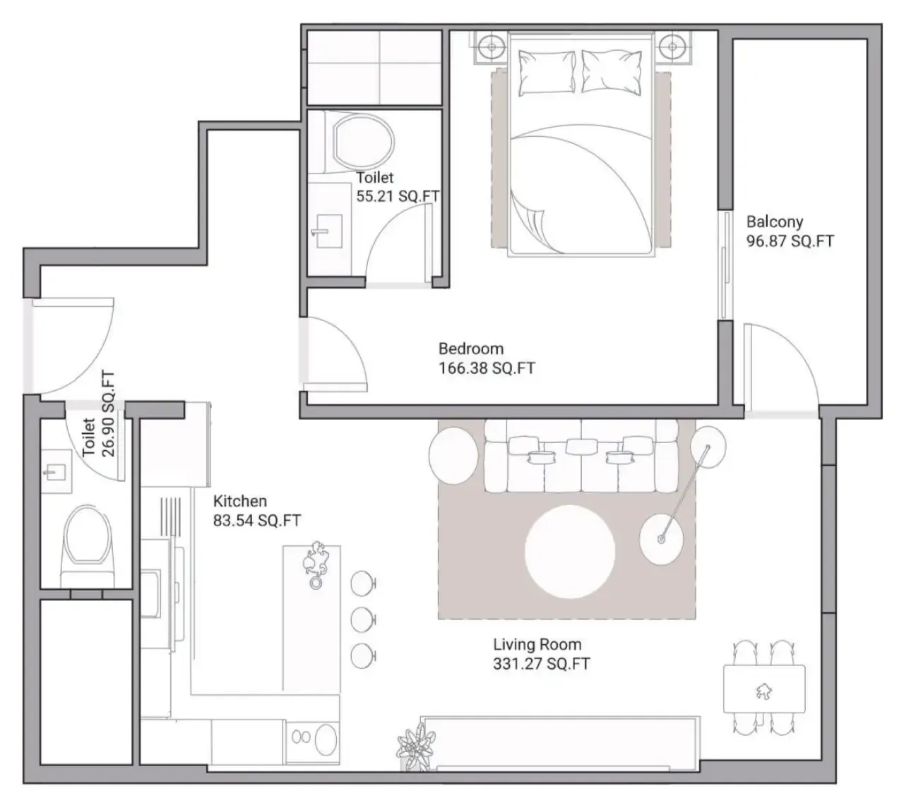 Ajman Creek Towers 1 bed floor plan, 1,220 – 1,229 sqft