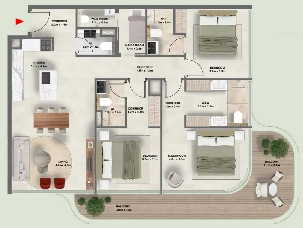 The Tides 3 bed floor plan, 1,417 sqft