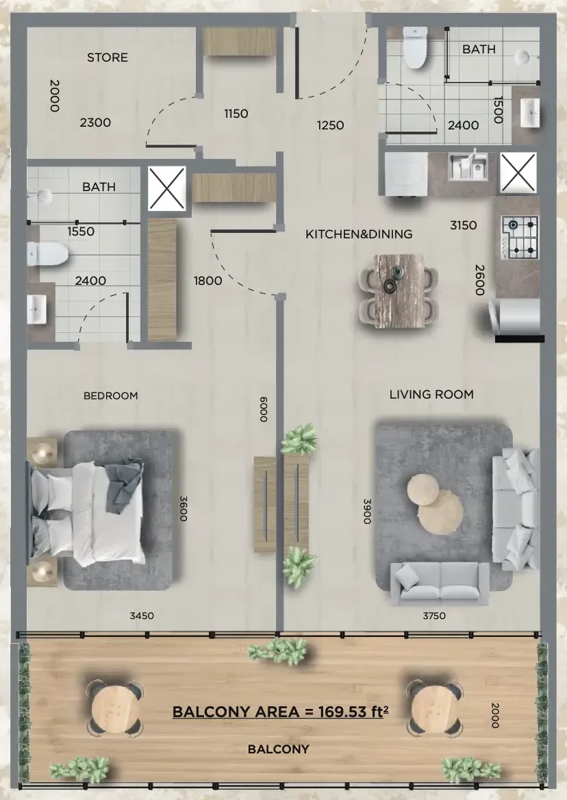 368 Park Ln. 1 bed floor plan, 837 sqft