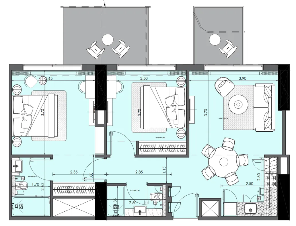 Azizi Wasel 2 bed floor plan, 963 sqft