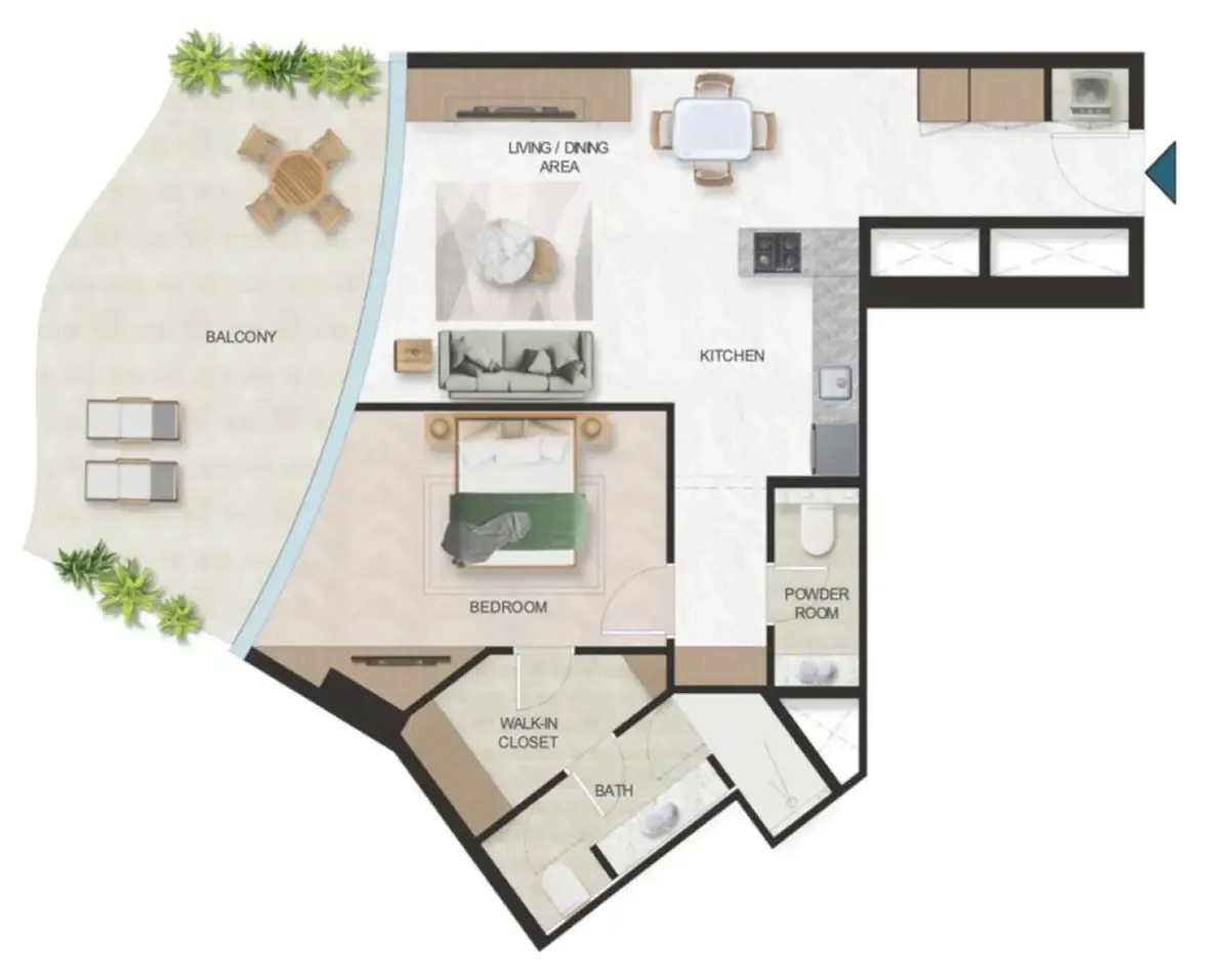 Oystra 1 bed floor plan, 1,040 sqft