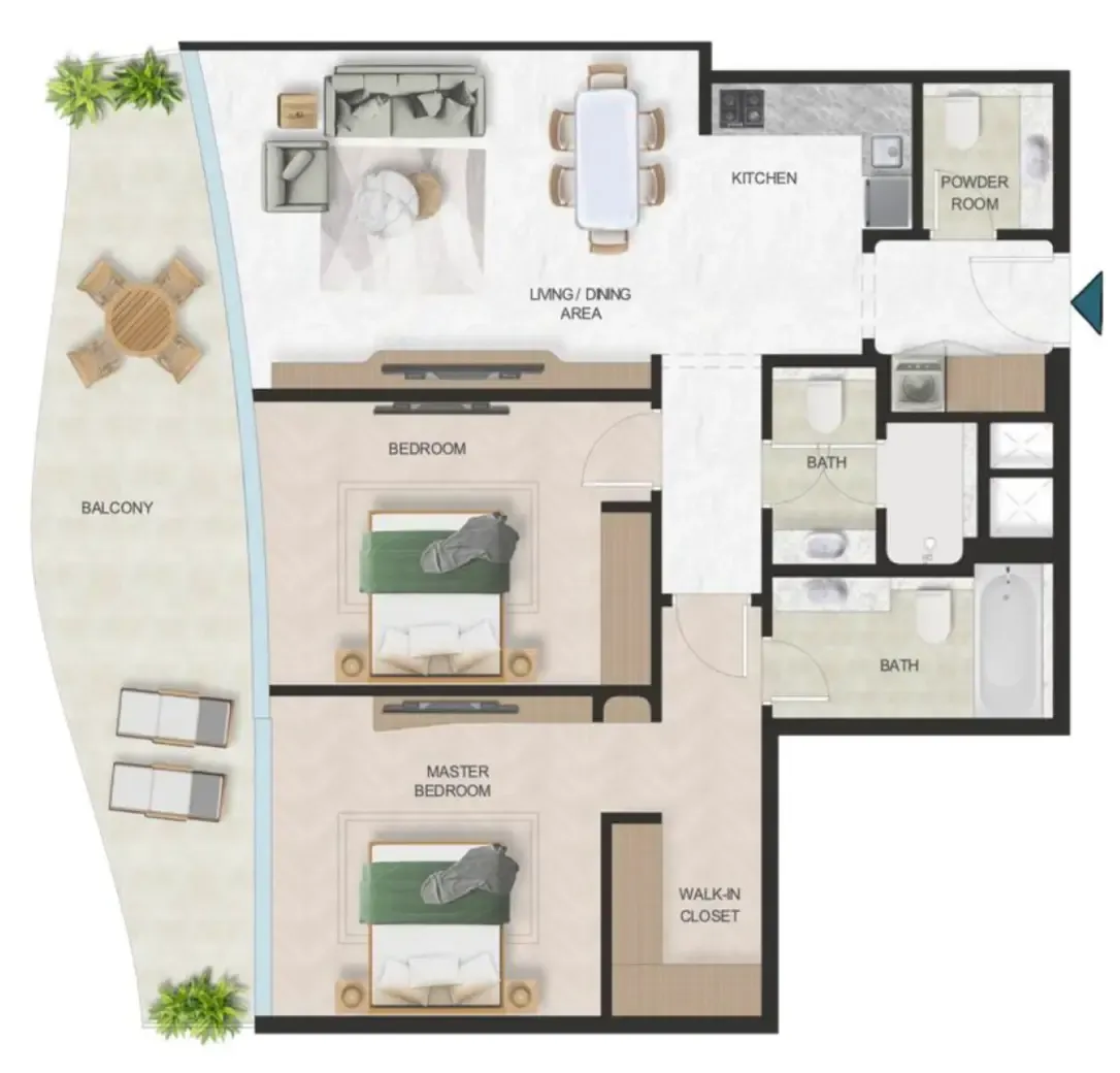 Oystra 2 bed floor plan, 1,184 sqft