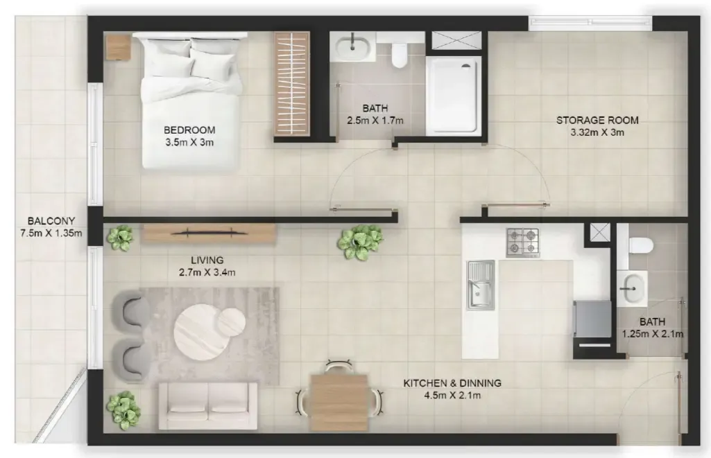 Stellar Axis 1 bed floor plan, 803 – 847 sqft