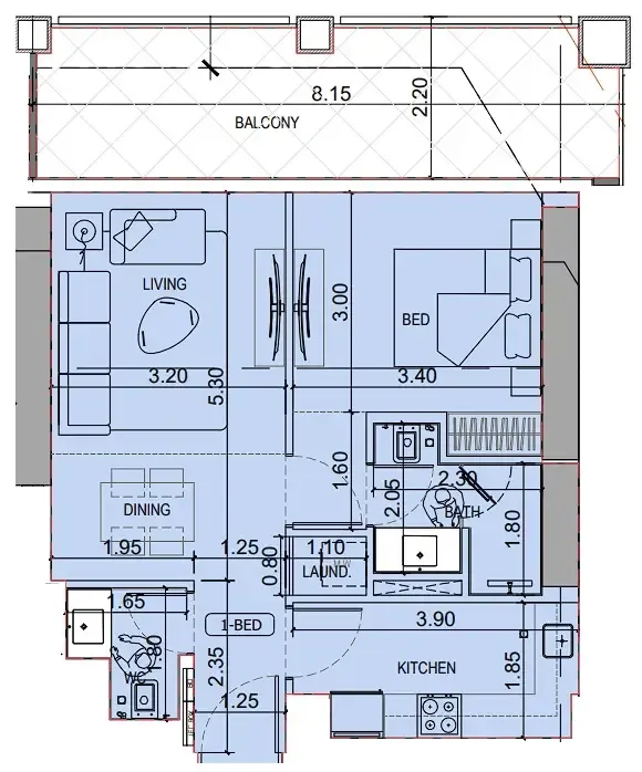 Binghatti Titania 1 bed floor plan, 764 sqft