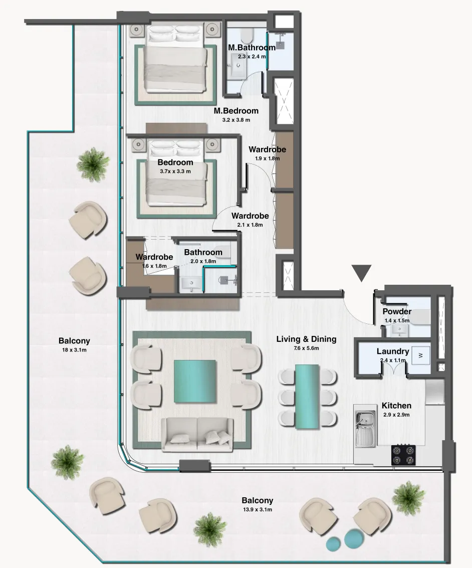 Sereno Residences 2 bed floor plan, 2,099 sqft