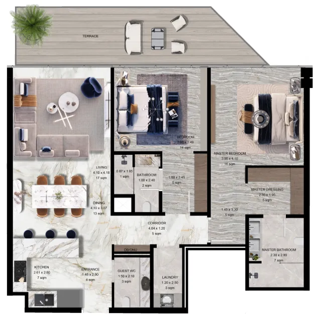 Jacob and Co Beachfront Living 2 bed floor plan, 1,475 sqft