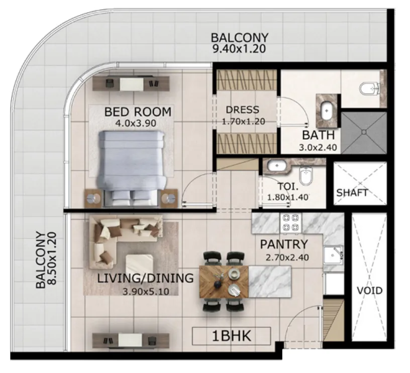 Mayfair Gardens 1 bed floor plan, 975 sqft