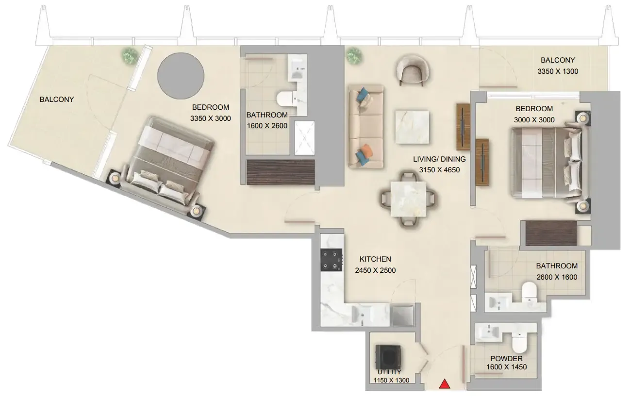The Pinnacle at Sobha Central 2 bed floor plan, 998 sqft