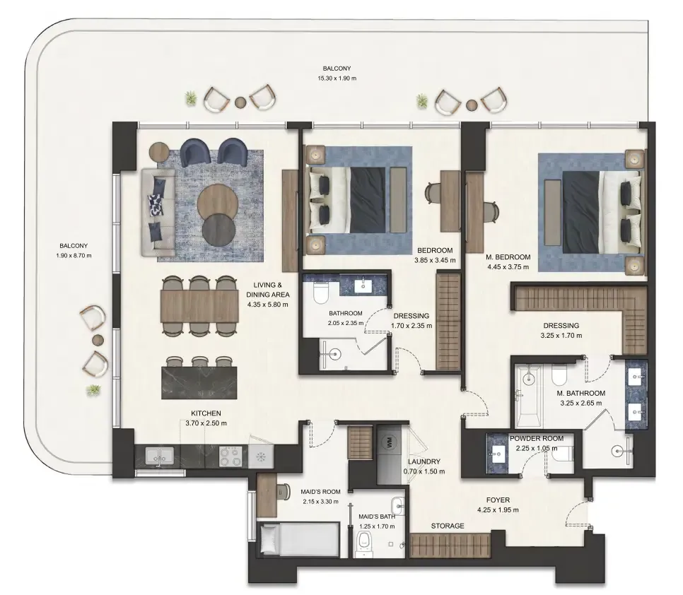 Seamont Autograph Collection Residences 2 bed floor plan, 1,881 sqft