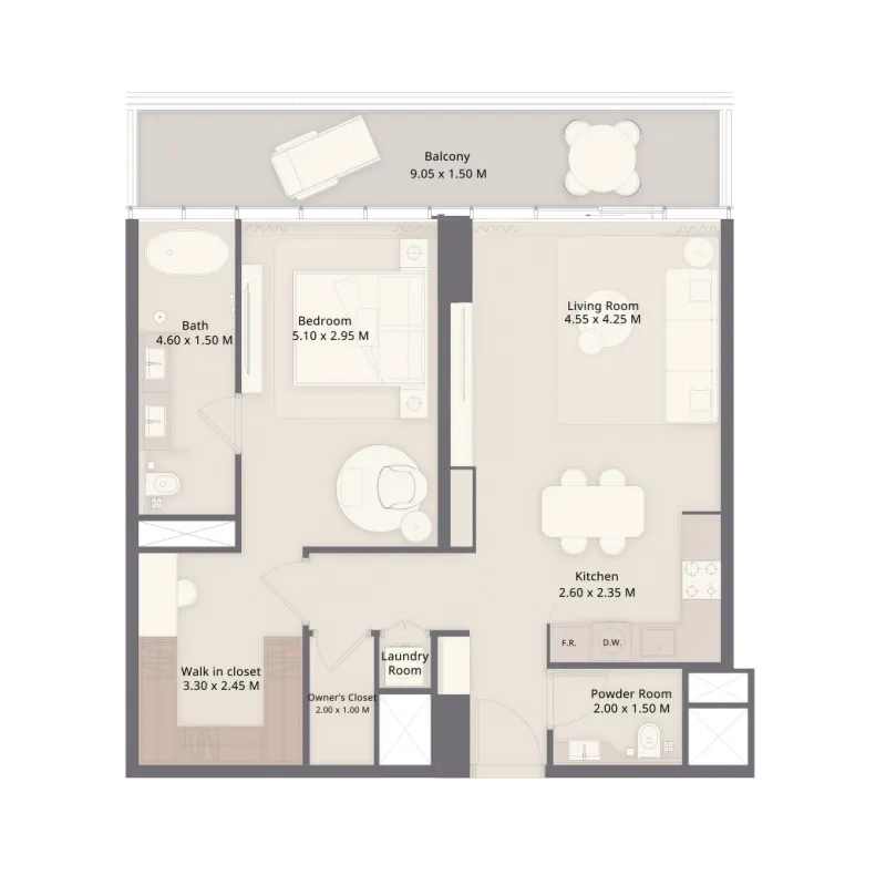 The Residences at Sheraton Al Marjan Island Resort Phase 1 & 2 1 bed floor plan, 992 – 1,035 sqft