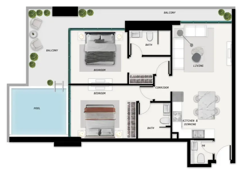 Samana Park Meadows 2 bed floor plan, 1,170 sqft