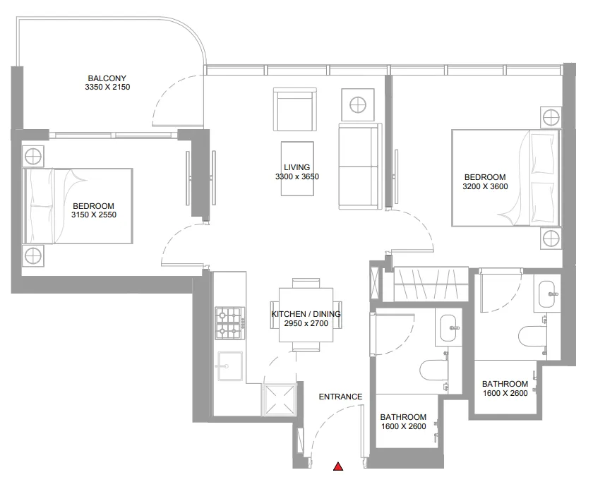 Pierside Marina Residences 2 bed floor plan, 686 – 705 sqft